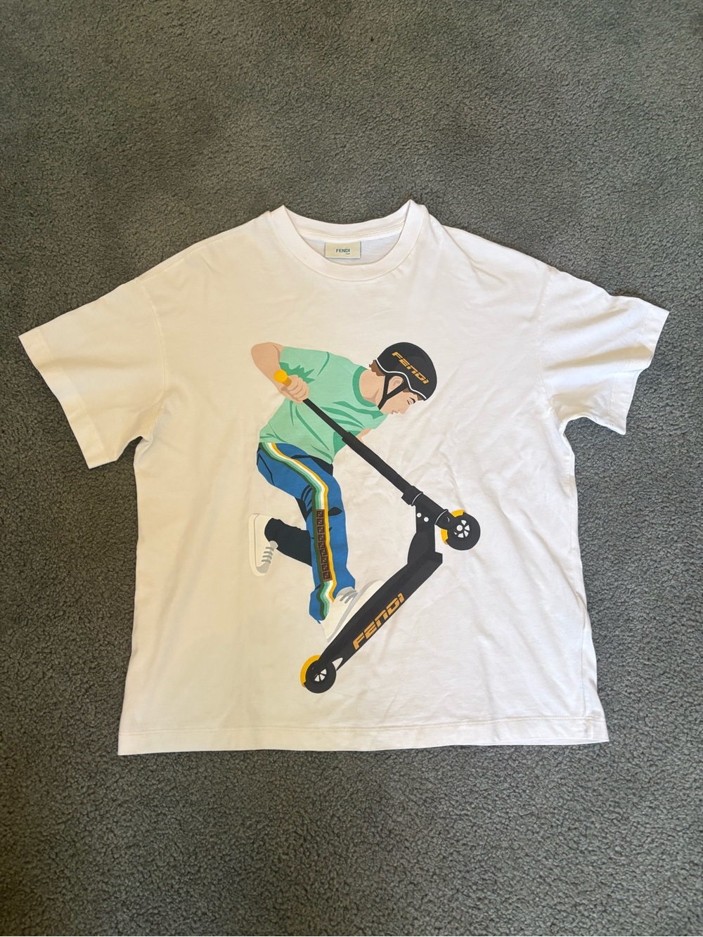 Fendi White Kids Tee with Colorful Scooter Rider Print